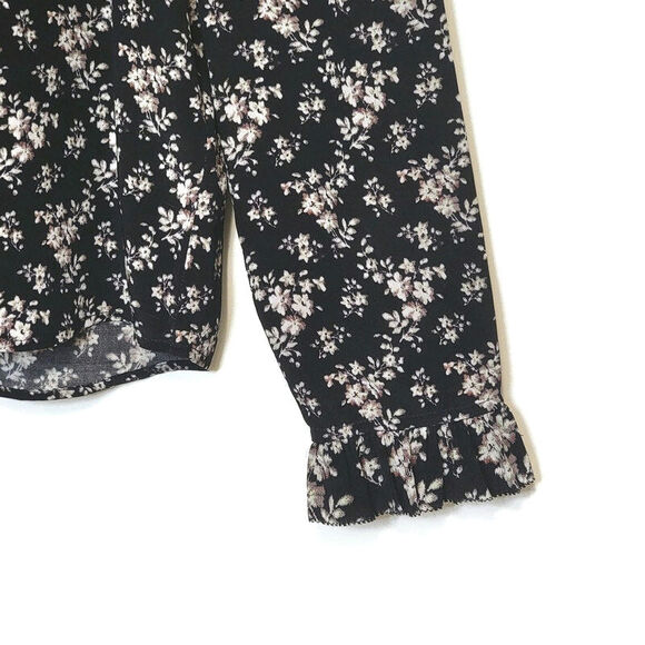 AllSaints Silk Floral Ruffle Long Sleeve Button Down Blouse Black Sz2 Chic Femme - Picture 8 of 16